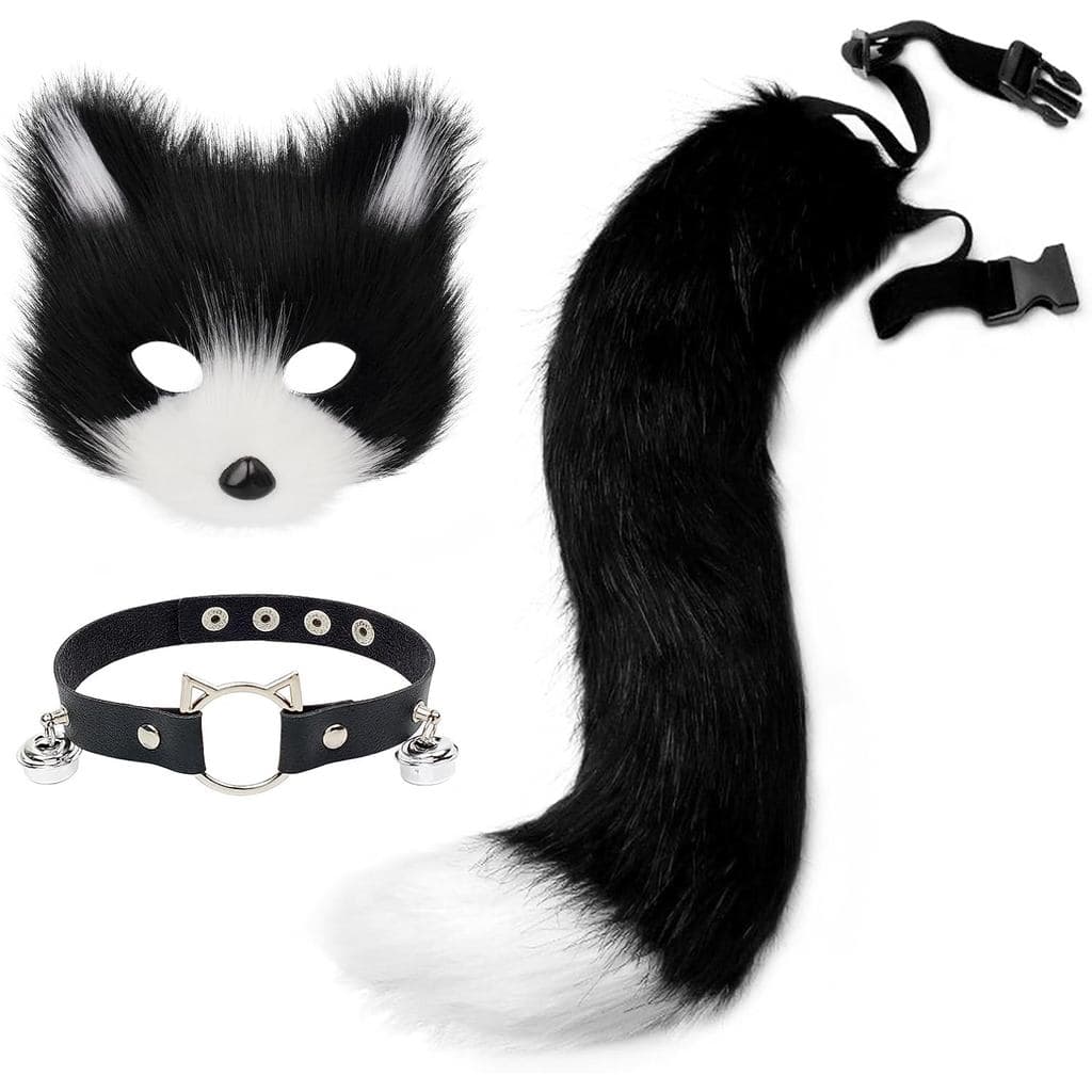 Máscara de Raposa de Pelo Sintético, Cauda Fofa de Lobo/Gato e Conjunto de Colar de Couro, Acessório para Fantasia de Fe