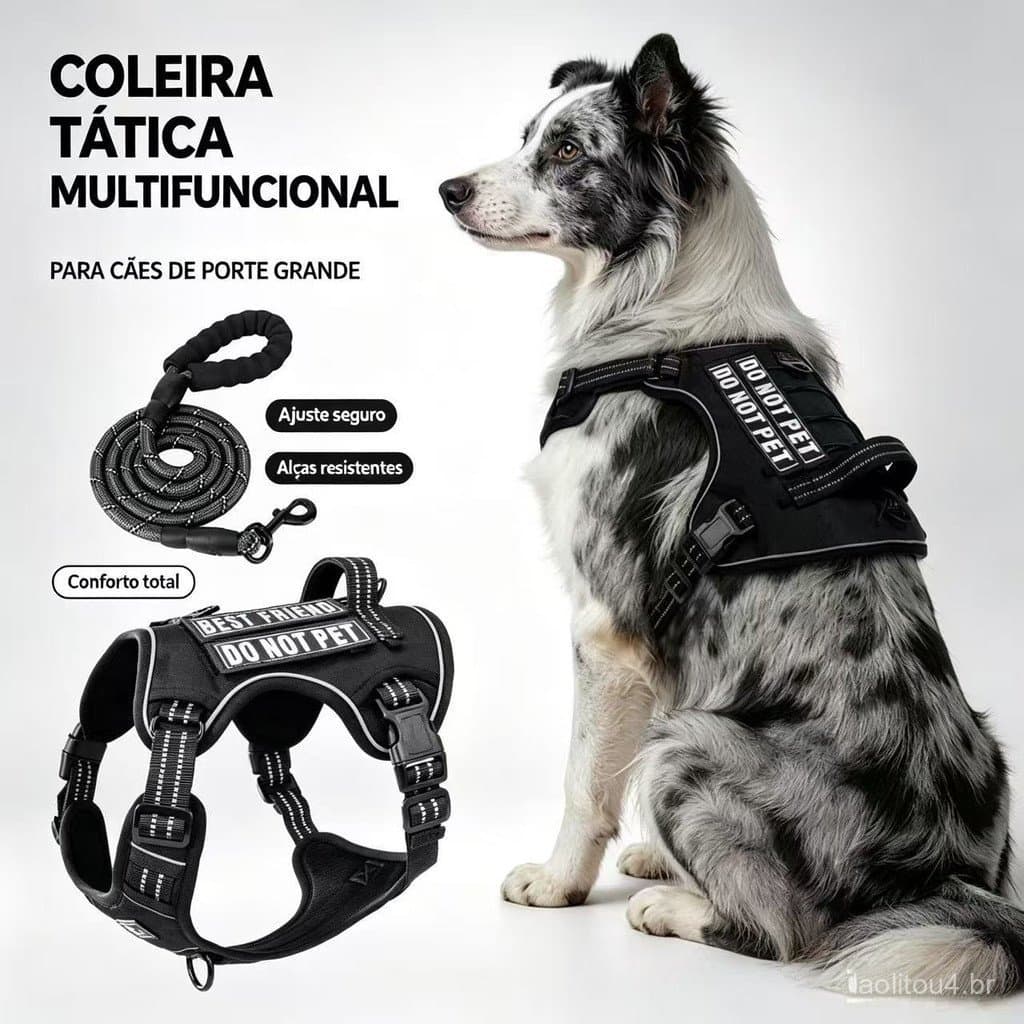 Coleira Peitoral Para Cachorro Grande Pequeno Conjunto Arnês E Trela Cães Tático Militar Colete