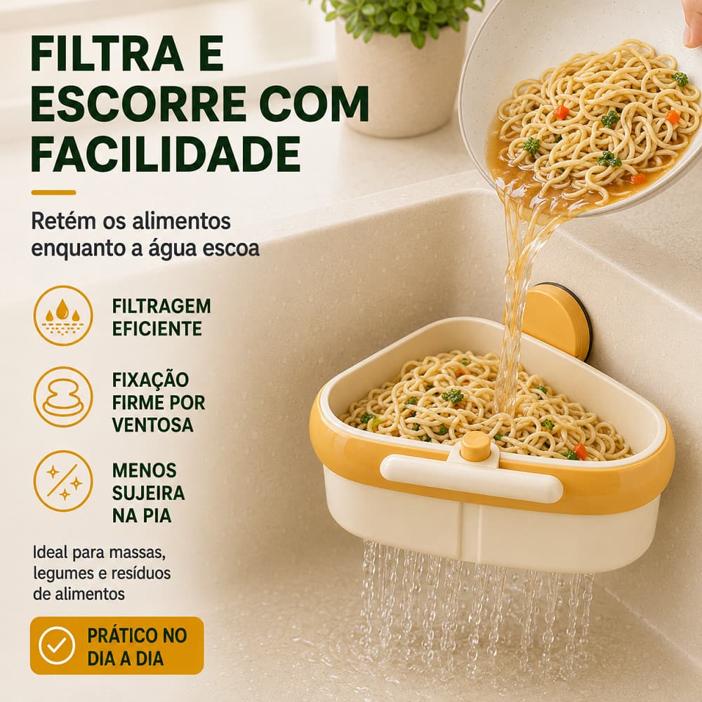 Cesto Filtro para Resíduos de Alimentos na Pia de Cozinha com Ventosa Fixação Lateral e Tampa Inferior para Drenagem