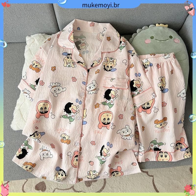 Loja venda quente rosa Shin-Chan nuvem algodão verão Shorts de manga curta pijamas feminino bonito dos desenhos animados
