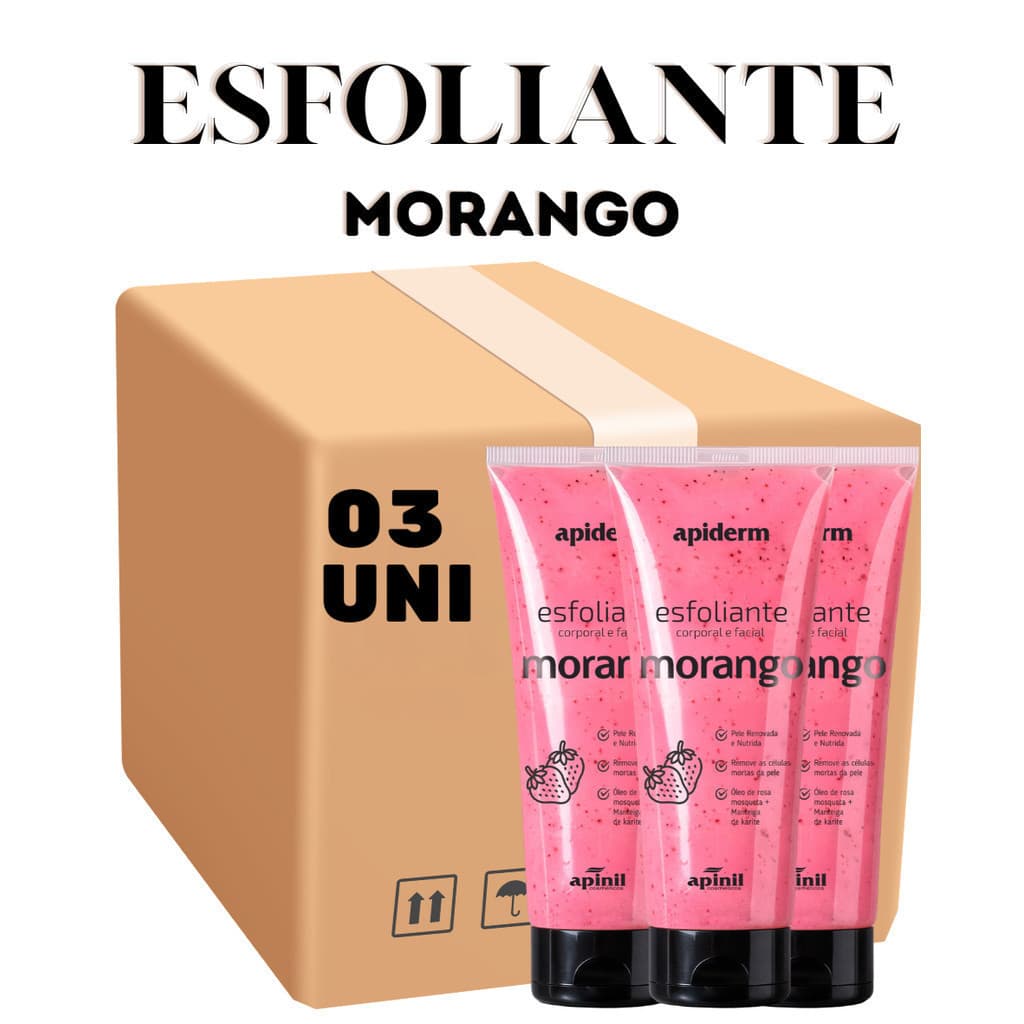 Kit 03 Unidades Esfoliante Corporal e Facial com Extrato de Frutas Morango  190g Apinil (Campanha)