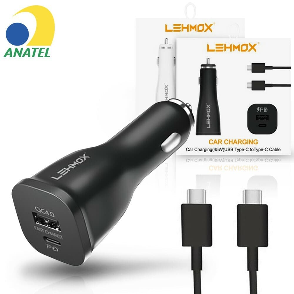 Carregador rápido Celular Veicular Usb + Type-C com Cabo 1 Metro