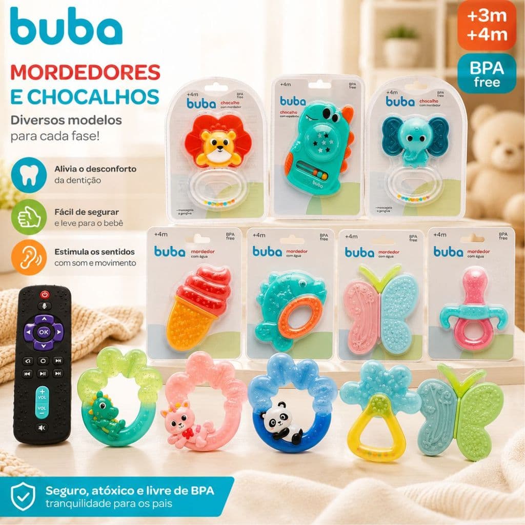 Mordedor Para Bebê Buba Original Bebê Vários Modelos Silicone C/ Água Chocalho BPA Free Massageador de Gengiva