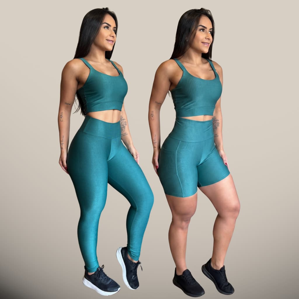 Conjunto Trio de Academia Canelado Top + Short + Calça Legging Roupa Fitness Corrida Ginástica Treino Bermuda Alta Bolso