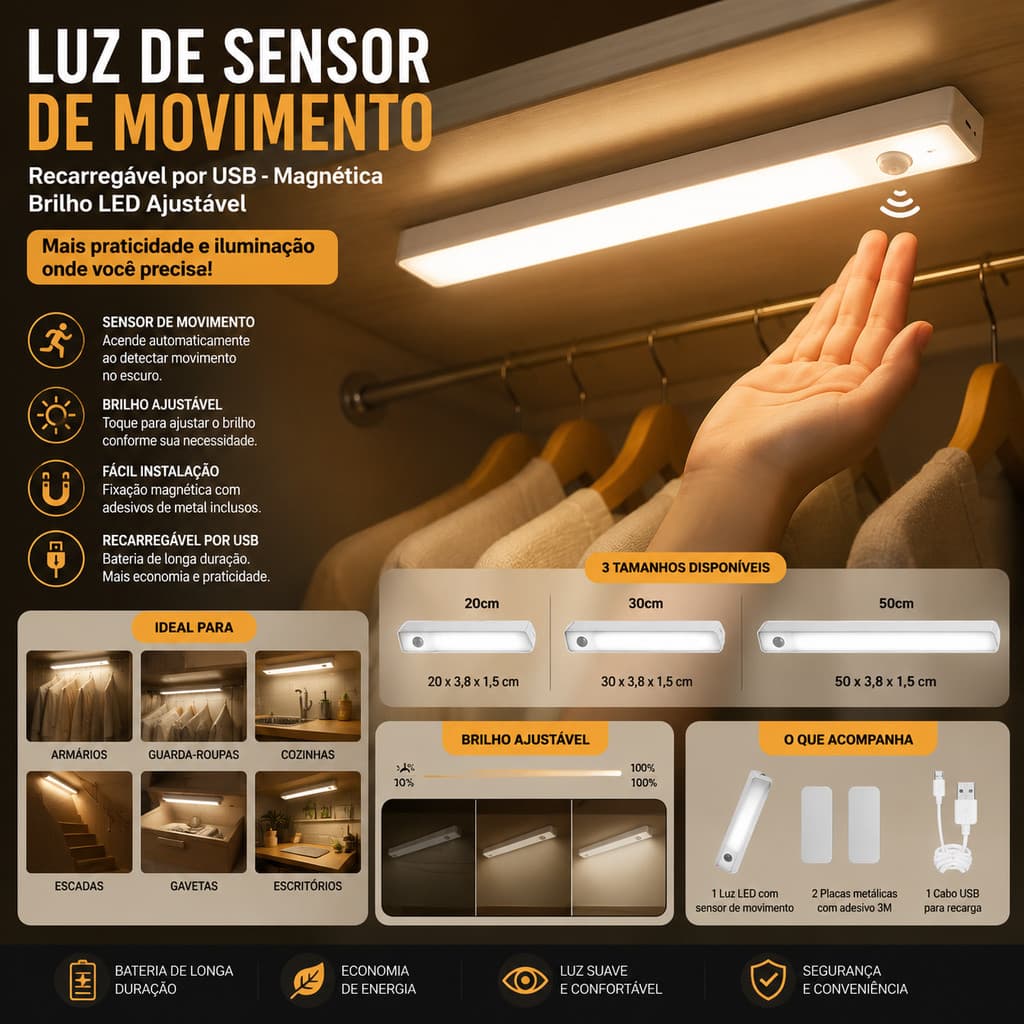Luz LED com Sensor de Movimento Recarregável USB Magnética Brilho Ajustável para Armário Guarda-Roupa Cozinha Escada