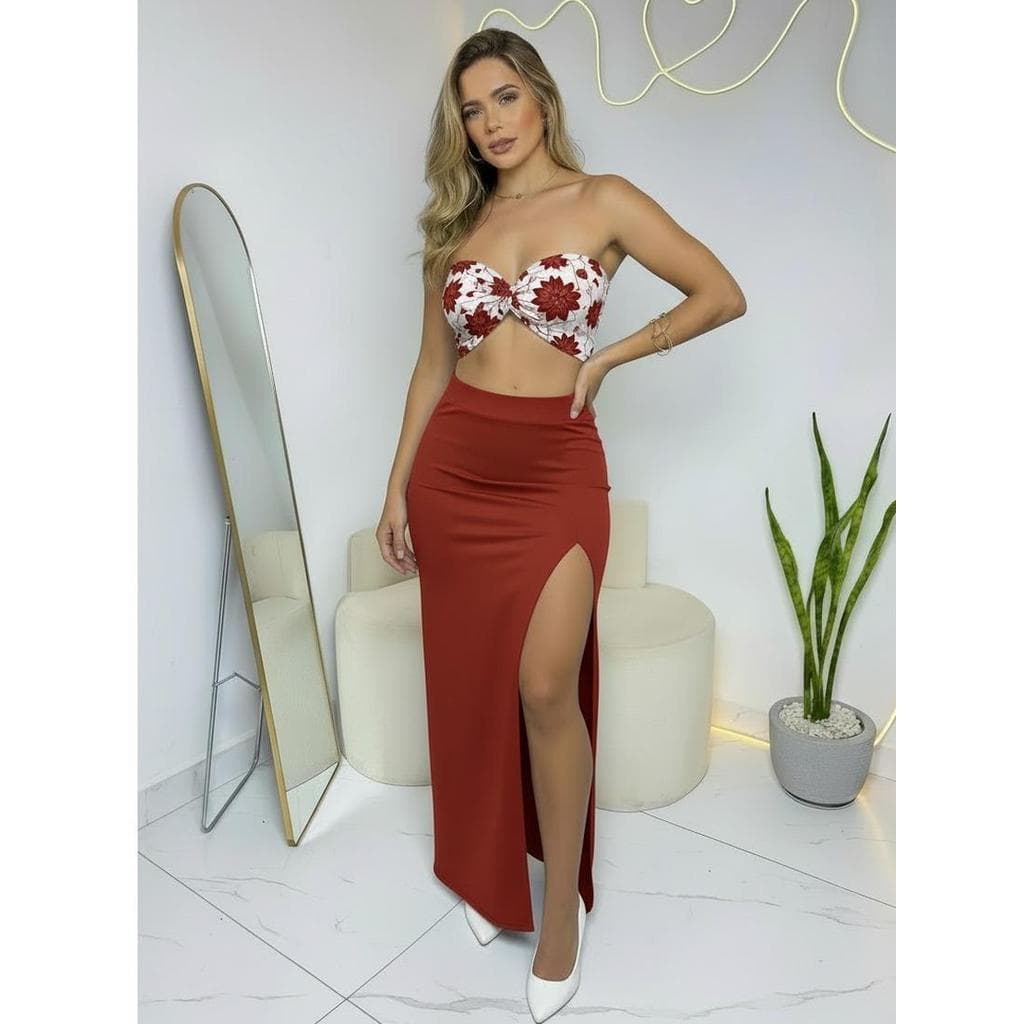 Conjunto Feminino Cropped Tomara Que Caia Floral + Saia Longa Midi com Fenda Moda Elegante Festa Balada Casual Verão