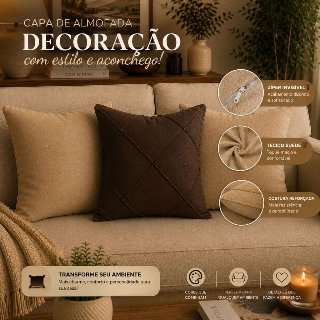 Kit Capas Lisas + Drapeada Premium 40x40 Zíper Invisível Moderna Lavável Tecido Macio Luxuosa