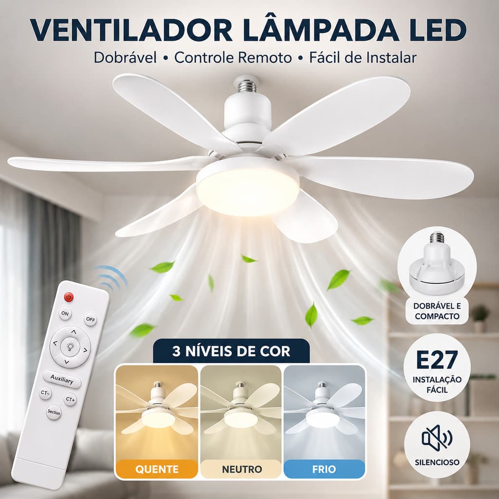 Ventilador de Teto 60w Luz Led 3 Tipos de Luz C/ Controle Remoto Ventilador C/ 6 Hélices Bivolt