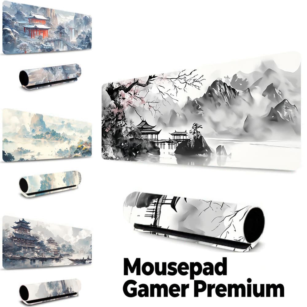 Tapete Gamer Flor Cerejeira Pavilhão Montanha, borda costurada, base borracha antiderrapante, à prova d'água mesa gamer