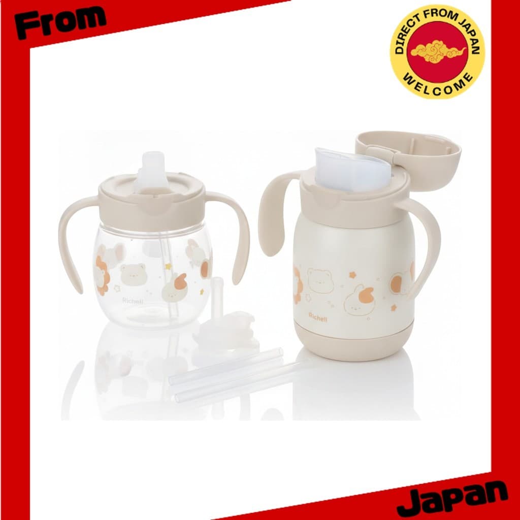 Kit Copo de Treinamento Infantil Richell Try Premium Bege com Canudo e Garrafa Térmica 200ml 300ml para Bebê 5m+