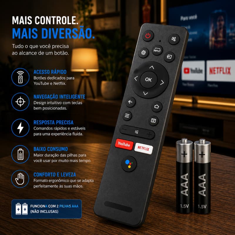 KIT Controle Remoto TV TCL Teclas Youtube e Netflix FBG-9201 + Pilhas Inclusa