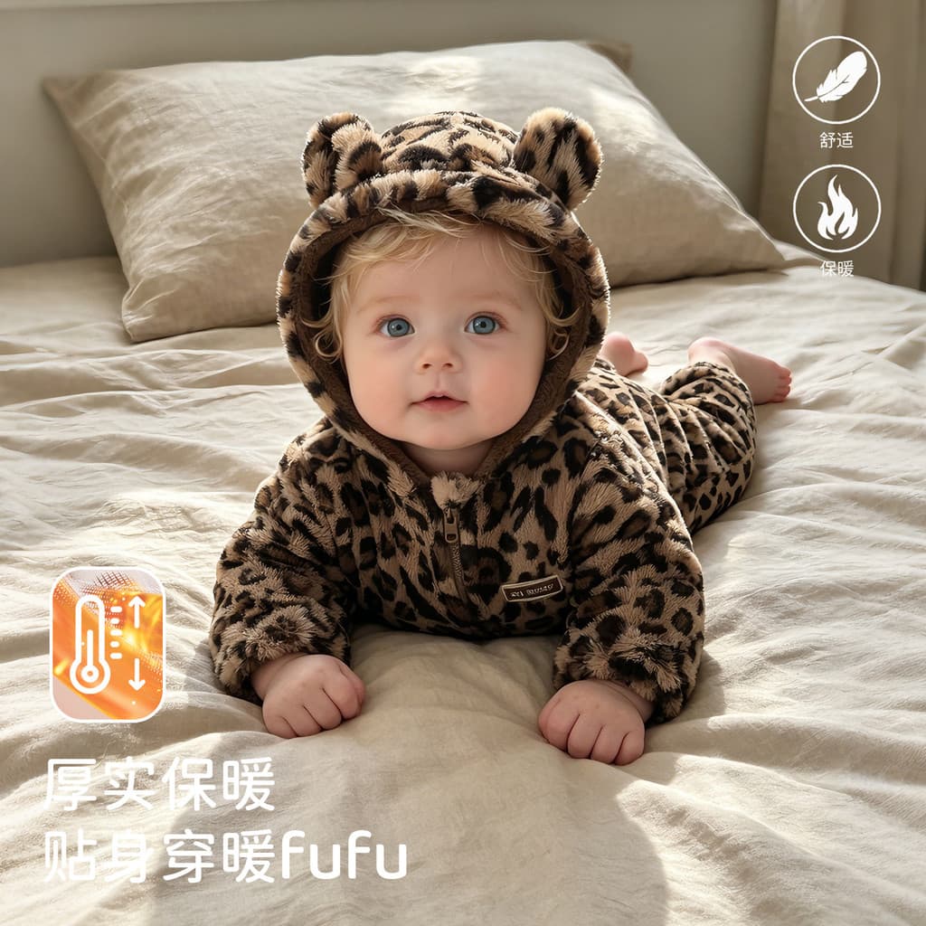 Macacão de Bebê com Estampa de Leopardo 2026, Forrado com Fleece para o Inverno, Macacão Espesso para Recém-Nascidos