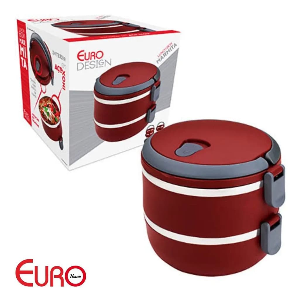 Marmita Lunch Box Dupla Euro Home 1,4L Inox Vermelha com Alça Vedação BPA Free
