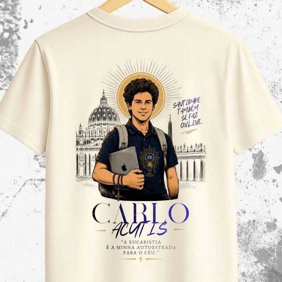 Camiseta Off White Religiosa Catolica Devoção Santo Carlo Acutis | Jovens | Feminino Masculino Unissex | 100% Algodão |