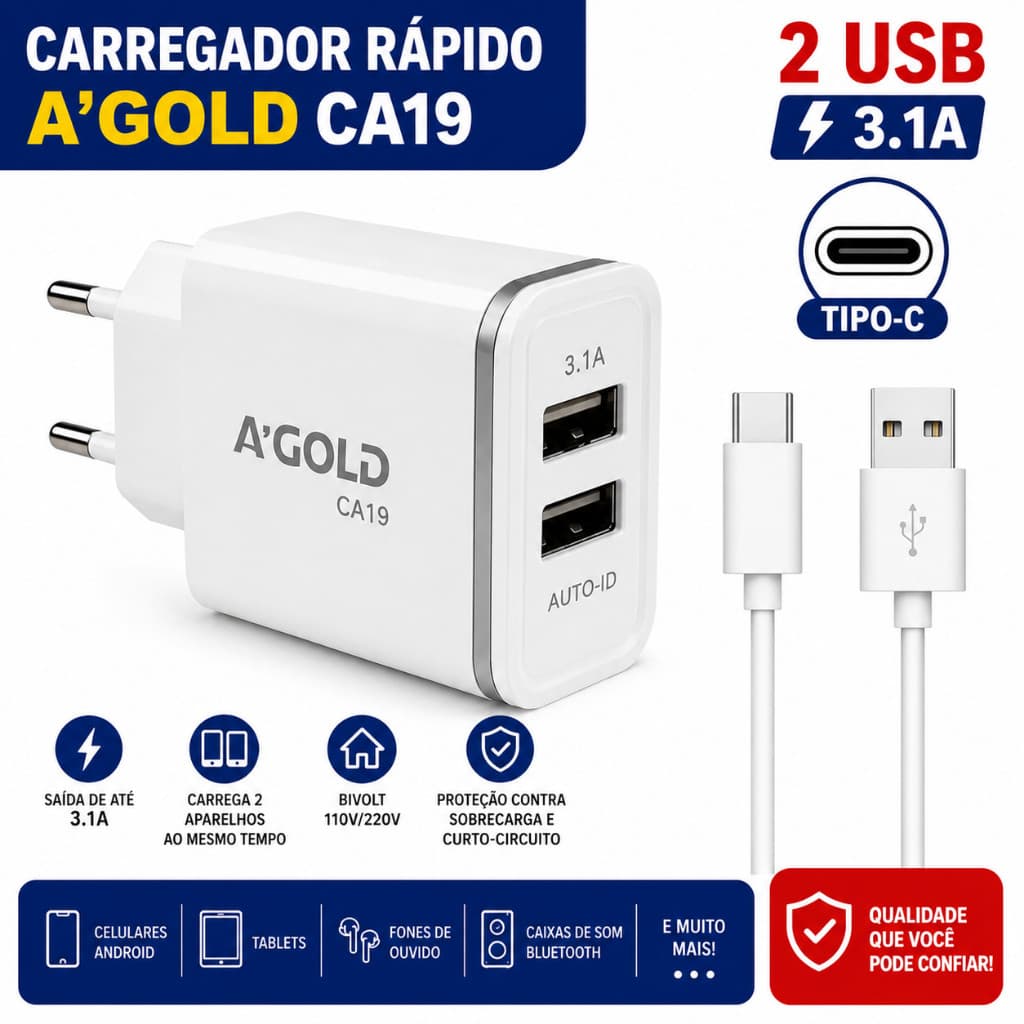 Carregador Rápido A'Gold CA19 3.1A 2 USB Com Cabo ios Lightning V8 Micro USB Tipo C Bivolt