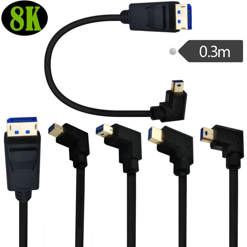 Cabo adaptador 8K Mini DP para DP 1.4 0.3 m | Cotovelo DP pequeno para cabo curto reto grande DP | 4K a 144 Hz | Adequad