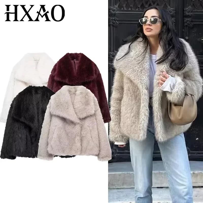 HXAO 2024 Casaco de Pele Sintética para Mulheres, Outono Inverno, Jaqueta Felpuda e Macia, Novidade em Roupas Externas,