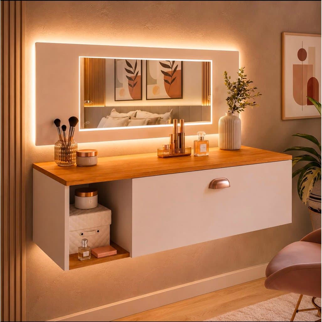 Penteadeira Camarim makeup Suspensa com Espelho, 0,90 e 1.20 Gaveta com Divisória e Nichos Make Up Body Splash