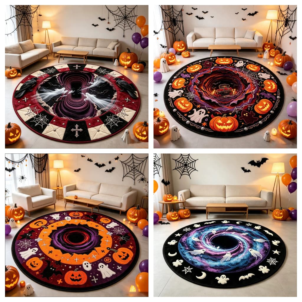 Tapete redondo decorativo de Halloween para quarto e sala de estar, resistente à sujeira.