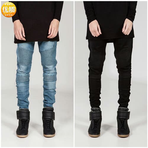 BIKER JEANS Street Wear Calças de motocicleta enrugadas Slim-fit ligeiramente elásticas JEANS