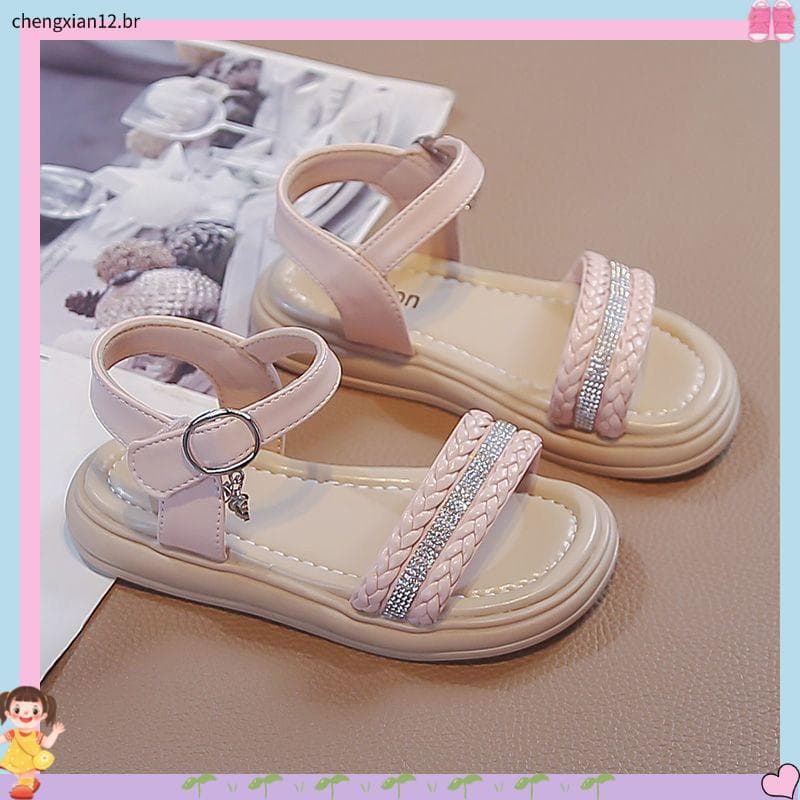 Meninas sandálias de strass 2026 primavera outono estilo médio grande crianças moda All-Match sapatos de praia meninas m