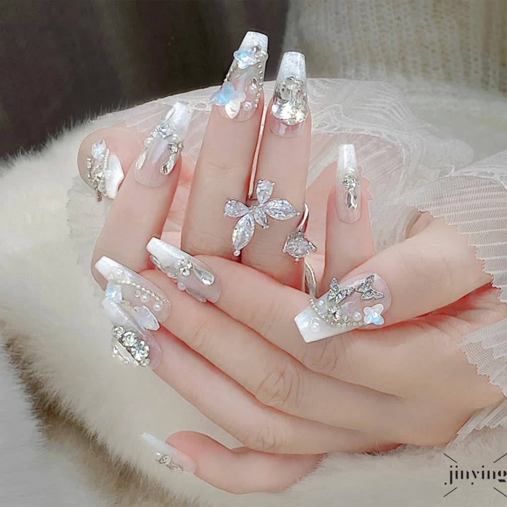24 Peças De Unhas Artificiais Brilhantes Brancas-Kit De Manicure DIY Para Mulheres Em Casa