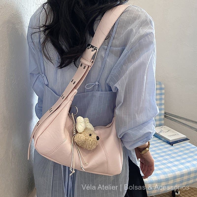 Bolsa Meia-Lua Feminina em PU com Zíper e Bolso Interno para Ombro 26x19x11 cm para Trabalho Passeio e Dia a Dia