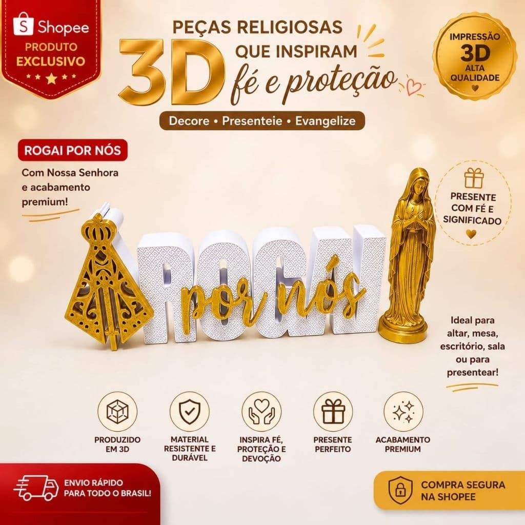 Peça Religiosa em 3D – Rogai por Nós + Nossa Senhora | Decoração Católica | Presente Religioso