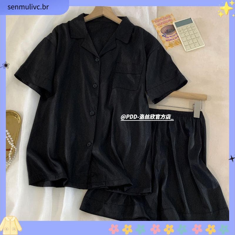 510 7 pessoas coleção ins high-End sentimento preto gelo seda pijamas feminino verão terno fino de manga curta cor sólid