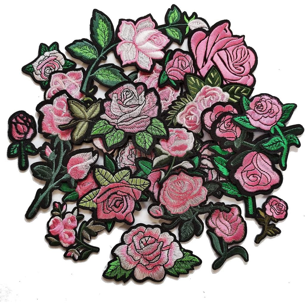25 peças de patches bordados de rosas rosa para aplicar com ferro em roupas, jaquetas, jeans e mochilas