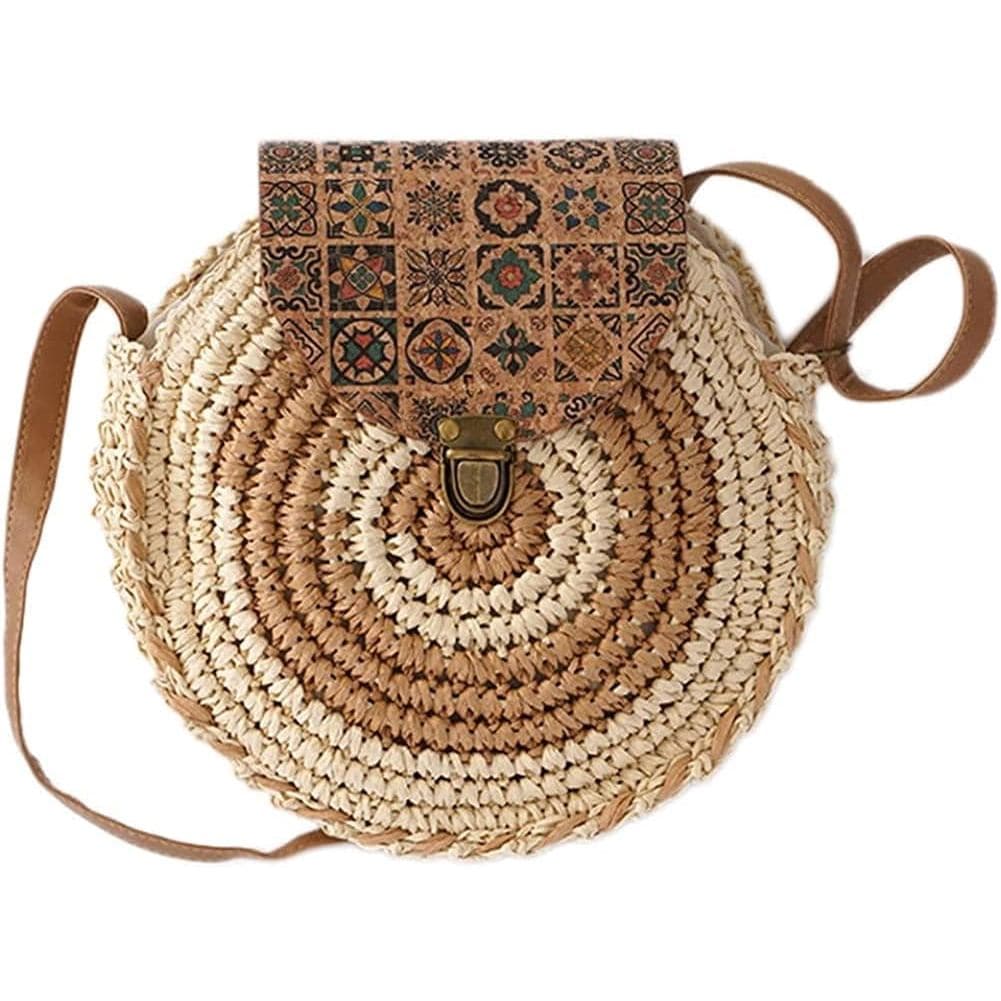 Bolsa de praia de palha feminina, bolsa de ombro redonda de verão, bolsa transversal de rattan tecida à mão, bolsa de mã