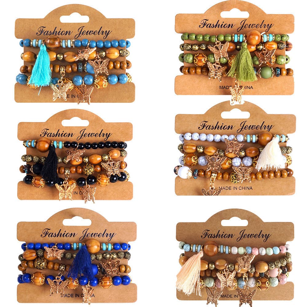 Pulseira boêmia em estoque, multicamadas, empilhadas, borla, ramo, pingente, contas à mão, Amazon, comércio exterior, es