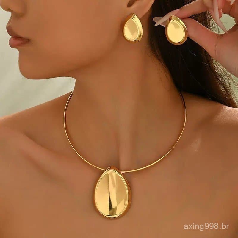 Kit Feminino Colar Choker Gargantilha e Brincos Coração Gota Oval banhado Ouro 18K e Prata925