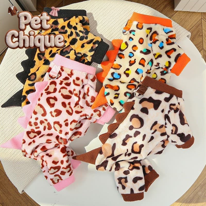 Roupas de outono e inverno para gato e cachorro, casaco quente com forro de lã, estampa de leopardo, roupas de dinossaur