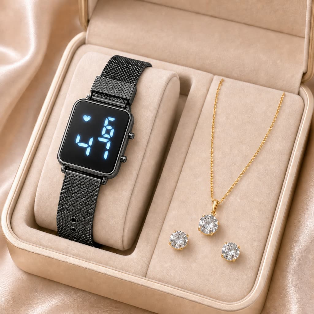 Kit Feminino 3 Itens com Relógio de Pulso Digital, Colar e Par de Brincos