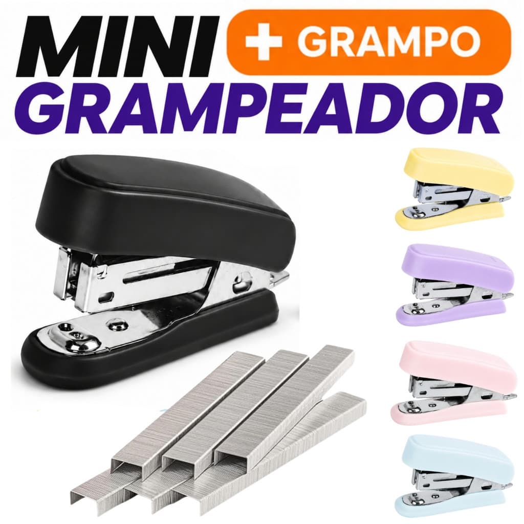 Kit Mini Grampeador de Metal com 1000 Grampos 26/6 Escolar Escritório Papelaria Home Office