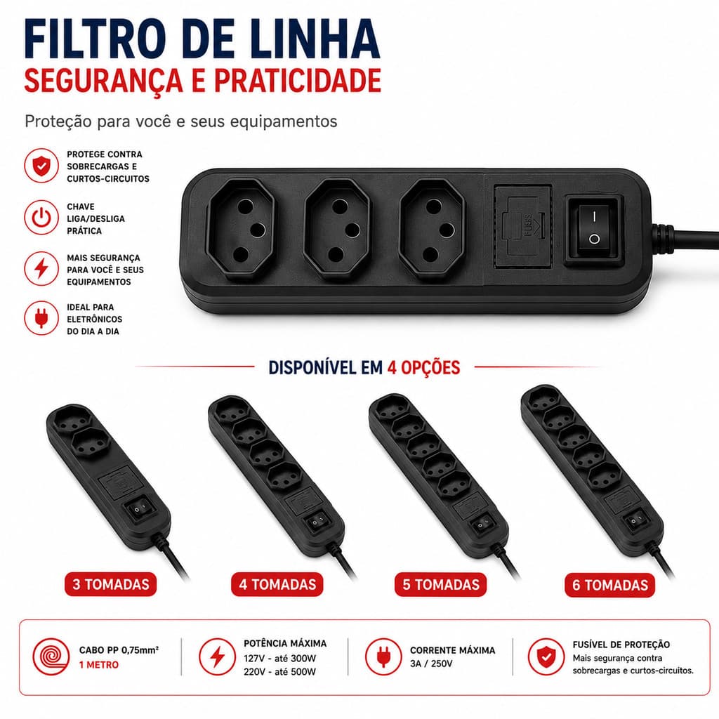Filtro de Linha 3, 4, 5 e 6 Tomadas Cabo PP 1 Metro Com Fusível e Chave Liga/Desliga