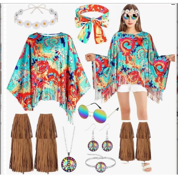 Conjunto de fantasia Hippie feminina com manto Tie-Dye fantasia festa de Halloween