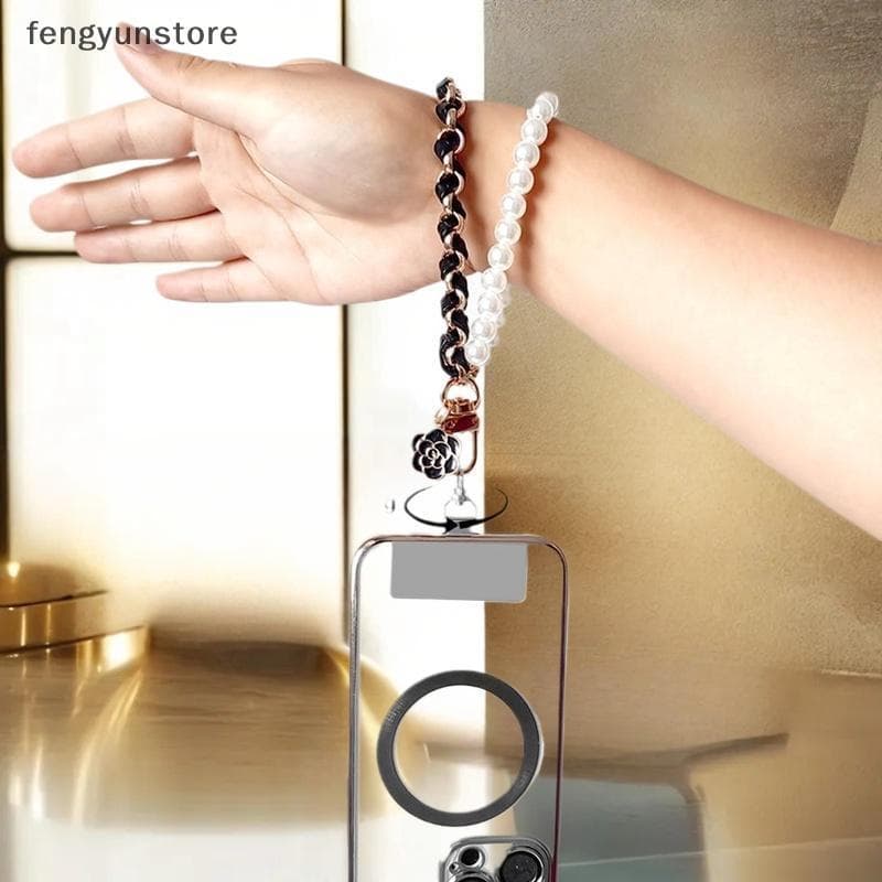 Pérola Dupla Corrente Curto Cordão Do Telefone Móvel Frisado Anti-Queda Pulseira De Pulso Universal Clipe De Metal Pinge