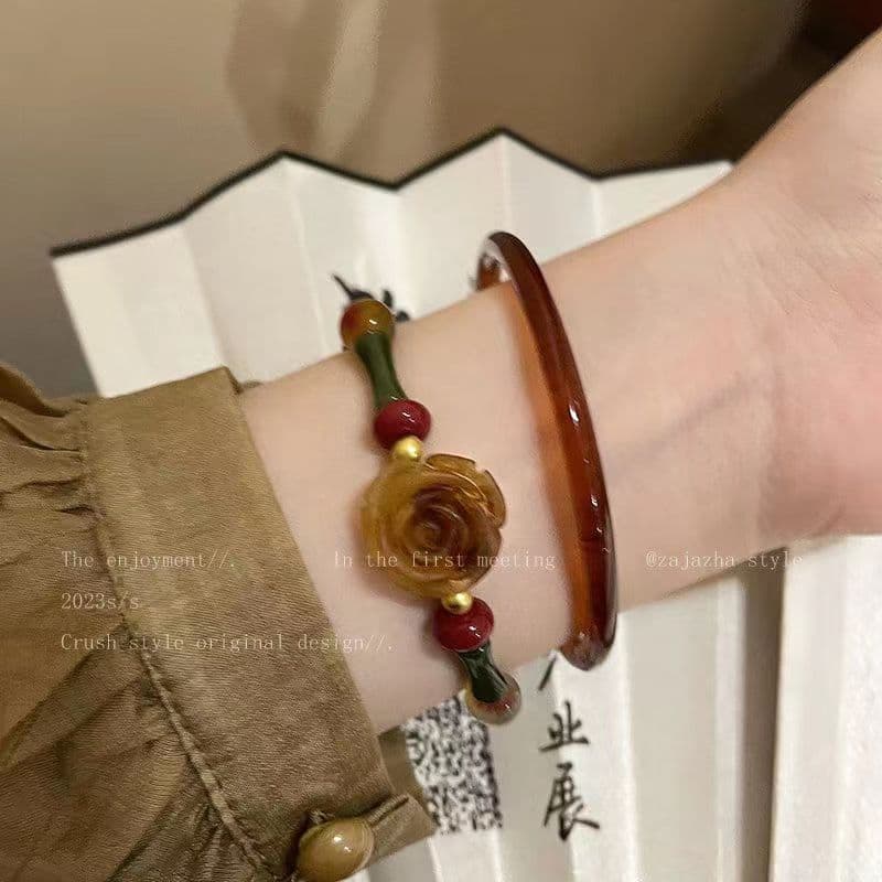 Nova pulseira de contas de bambu rosa em estilo chinês para mulheres, joia minimalista de luxo leve e exclusiva 6PMX