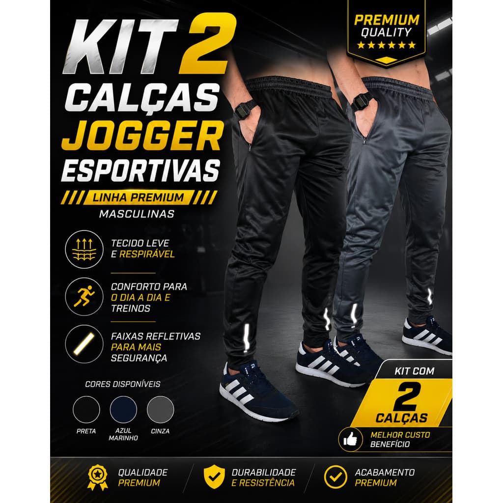 Kit 2 Calças Jogger Esportivas Masculinas Linha Premium Com Faixas Refletivas