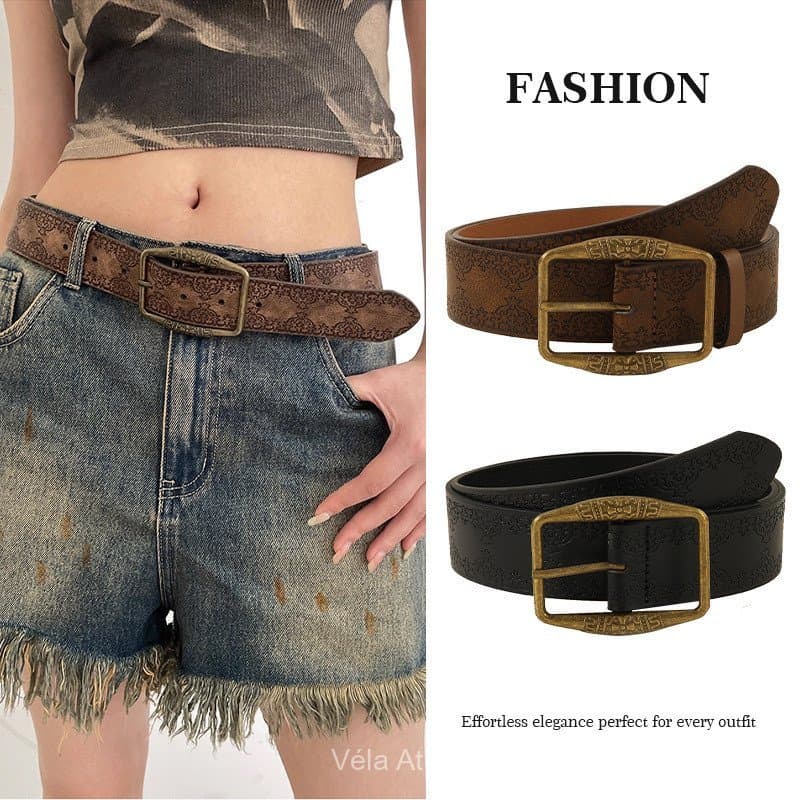 Novo cinto de liga metálica em marrom denim, estilo vintage combinado com estilo étnico e americano, cinto hip-hop de al