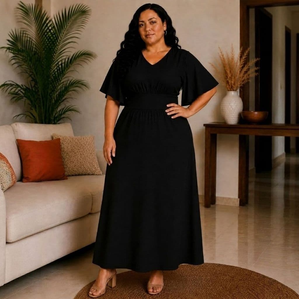 Vestido Moda Evangélica Feminino Midi Plus Size Manga Borboleta Decote V Soltinho Elegante Chique