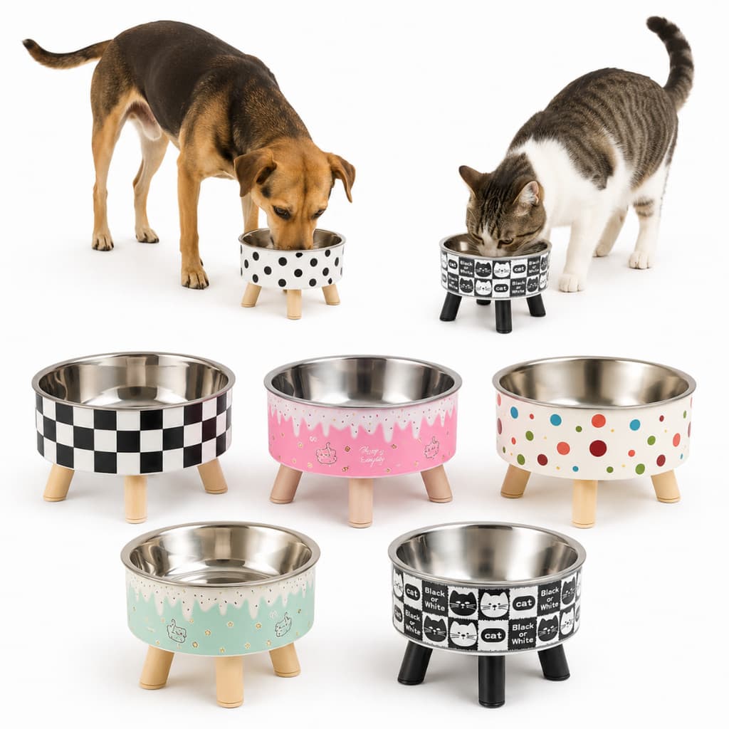 Comedouro inox Elevado Para Cães E Gatos Com Bebedouro