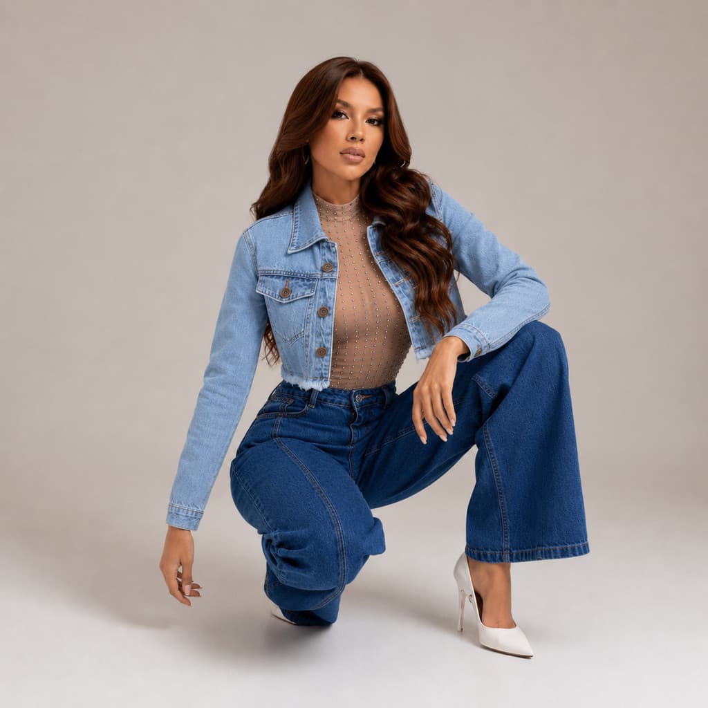 Kit Feminino Calça Jeans Balloon Cintura Alta + Jaqueta Cropped Jeans Manga Longa