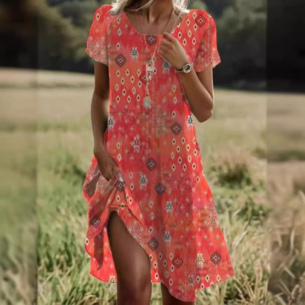 Vestido de comprimento médio com gola redonda grande estilo étnico literário mais vendido