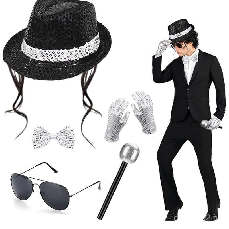 Conjunto de Acessórios para Cosplay de Michael Jackson para Apresentações em Discoteca e Palco - Chapéu de Lantejoulas,