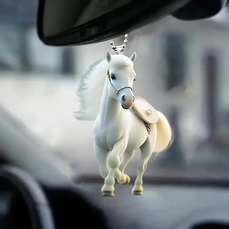 Ornamento de cavalo branco em acrílico, pingente para espelho retrovisor de carro, item de decoração para veículos e cas