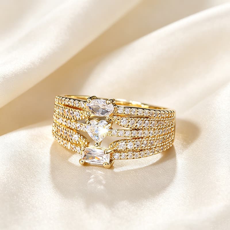 Anel feminino com incrustações de zircônia em três camadas, ajustável, luxo leve, elegante, sofisticado, acessório versá