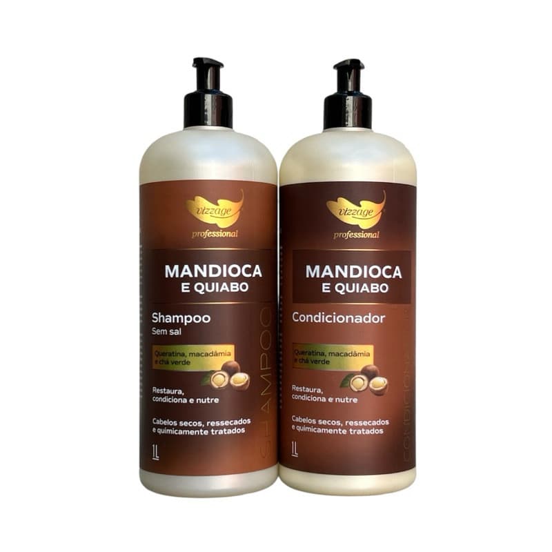 kit shampoo e condicionador mandioca com quiabo promove restauração e nutrição 1 litro Vizzage
